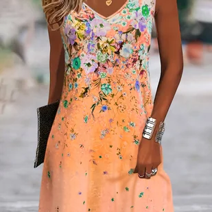 TEMU Letnia Sukienka Bez Rękawów z Dekoltem w Serek dla Kobiet - Żywy Fioletowy Mały Kwiatowy Wzór, Lekki Oddychający Materiał, Swobodny Krój na - Sukienki - miniaturka - grafika 1