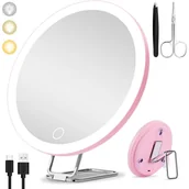Lusterka do makijażu - Lustro do makijażu powiększające 20x z akumulatorem i 3 trybami ściemniania, przyssawką i podstawką na biurko, różowe - miniaturka - grafika 1