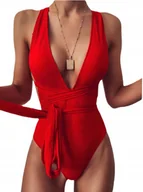 Stroje kąpielowe - WIĄZANY JEDNOCZĘŚCIOWY STRÓJ KĄPIELOWY Z DEKOLTEM CZERWONY XL - miniaturka - grafika 1