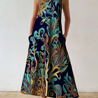 Sukienki - TEMU Sukienka A-Line bez Rękawów z Kieszeniami i Zamkiem - Żywa Turkusowo-Złota na Granatowym Tle, Lekka, Pralna w Pralce Wiosenna/Letnia, Okrągły - miniaturka - grafika 1