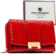 Portfele - Portfel damski lakierowany PETERSON mały na zatrzask i suwak ochrona RFID rozbudowany na karty elegancki czerwony - miniaturka - grafika 1