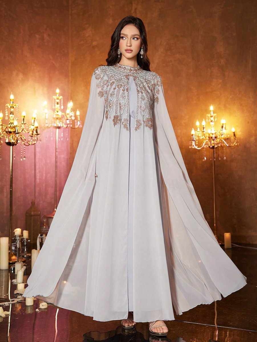 SHEIN DŁUGA ELEGANCKA SUKIENKA Z RĘKAWEM PELERYNĄ I HAFTEM L 11MA
