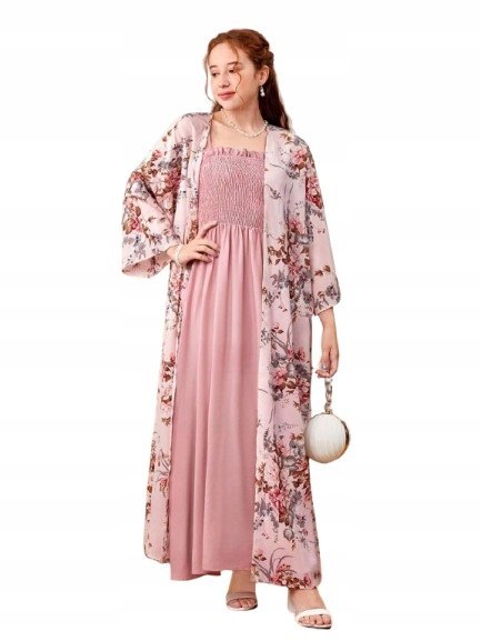 SHEIN KOMPLET KIMONO I SUKIENKA DAMSKA RÓŻOWA W KWIATY 158-162cm 1HC