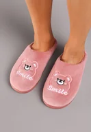 Kapcie damskie - Ciemnoróżowe Kapcie Welurowe z Ozdobną Naszywką i Futerkiem Naorita - miniaturka - grafika 1