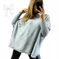 Bluzki damskie - SWETER WISKOZA ponczo jak jedwab luźna tunika frędzle piękny 50 52 5xl 6xl - miniaturka - grafika 1