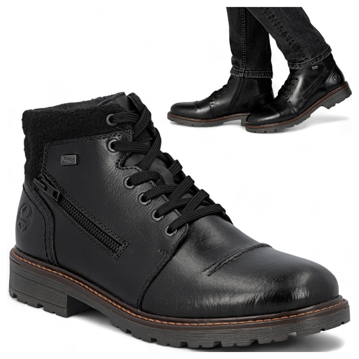 Rieker SKÓRZANE Półbuty Męskie Zimowe Trzewiki Wiązane Ocieplane Czarne 45