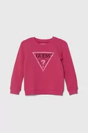 Bluzy dla dziewczynek - Guess bluza bawełniana dziecięca kolor różowy z nadrukiem - miniaturka - grafika 1