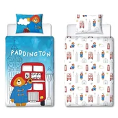Kołdry i poduszki dla dzieci - Character World Oficjalny zestaw poszewek na kołdrę Paddington Bear™ 2-stronna dwustronna konstrukcja stacji, dopasowana poszewka na poduszkę, zestaw na pojedyncze łóżko, biały i niebieski, bawełna - miniaturka - grafika 1