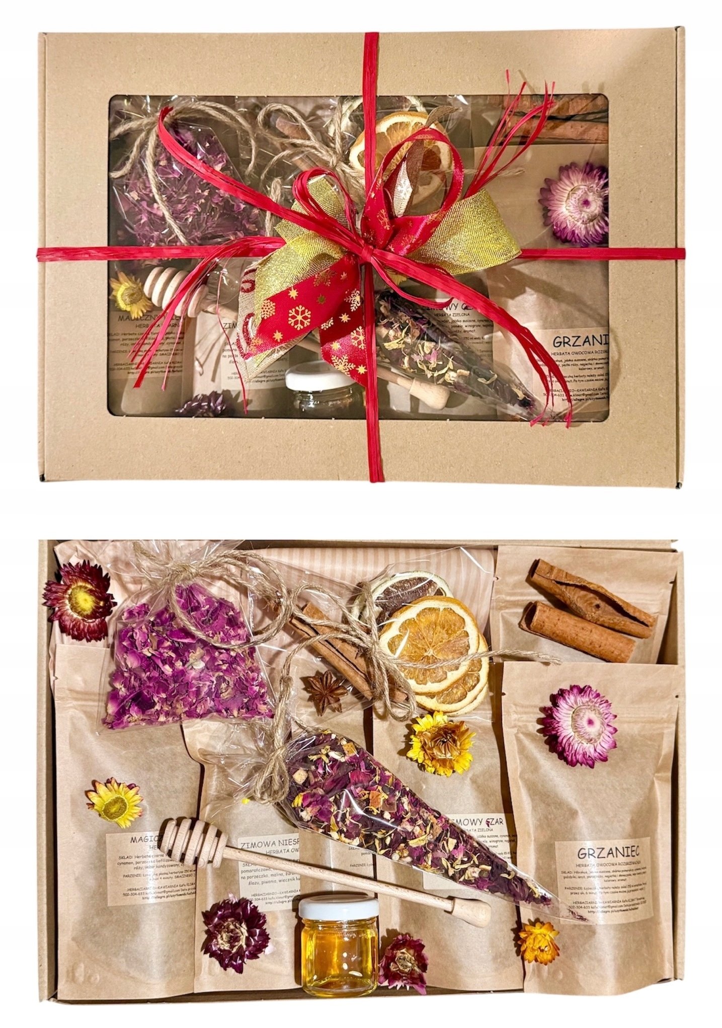 Prezent, upominek. Zestaw herbat przyprawy miód piękne dodatki