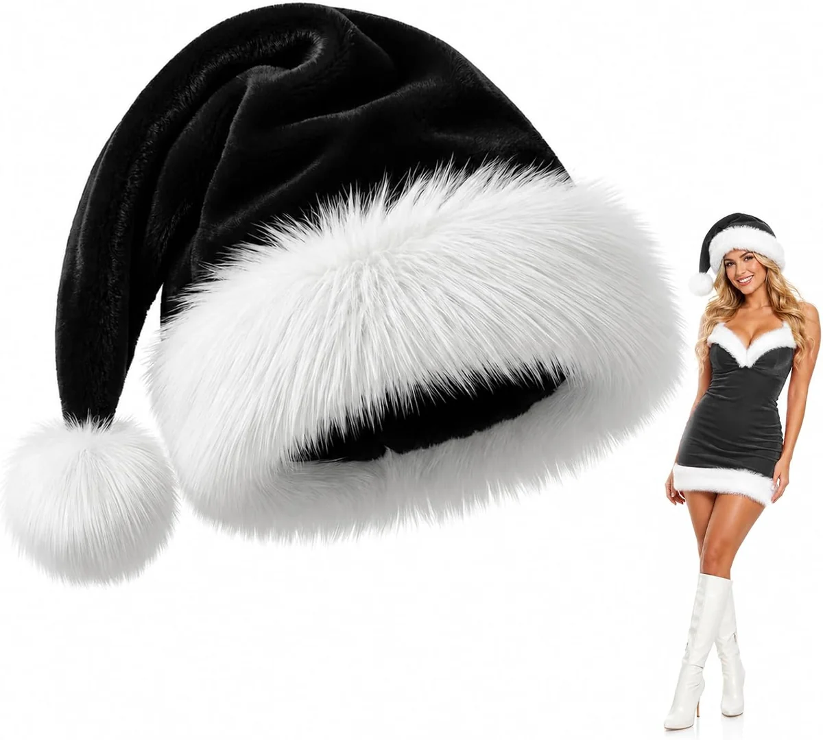 CZAPKA ŚWIĄTECZNY MIKOŁAJA PLUSZOWA DOROSŁY UNISEX CZARNY