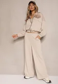 Komplety damskie - Ciemnobeżowy Komplet Dresowy z Wiskozą Spodnie o Szerokim Kroju i Bluza z Broszką Redaella - miniaturka - grafika 1