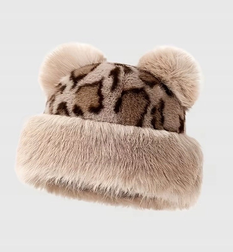 Czapka Mongołka w Panterkę Ocieplana Czapka Zimowa z Uszkami Cętki Futrzana