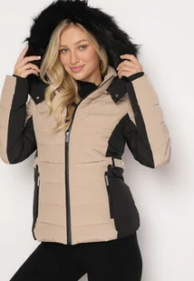 Ciemnobeżowa Pikowana Kurtka o Taliowanym Kroju z Kapturem i Futerkiem Saginia - Kurtki damskie - miniaturka - grafika 1