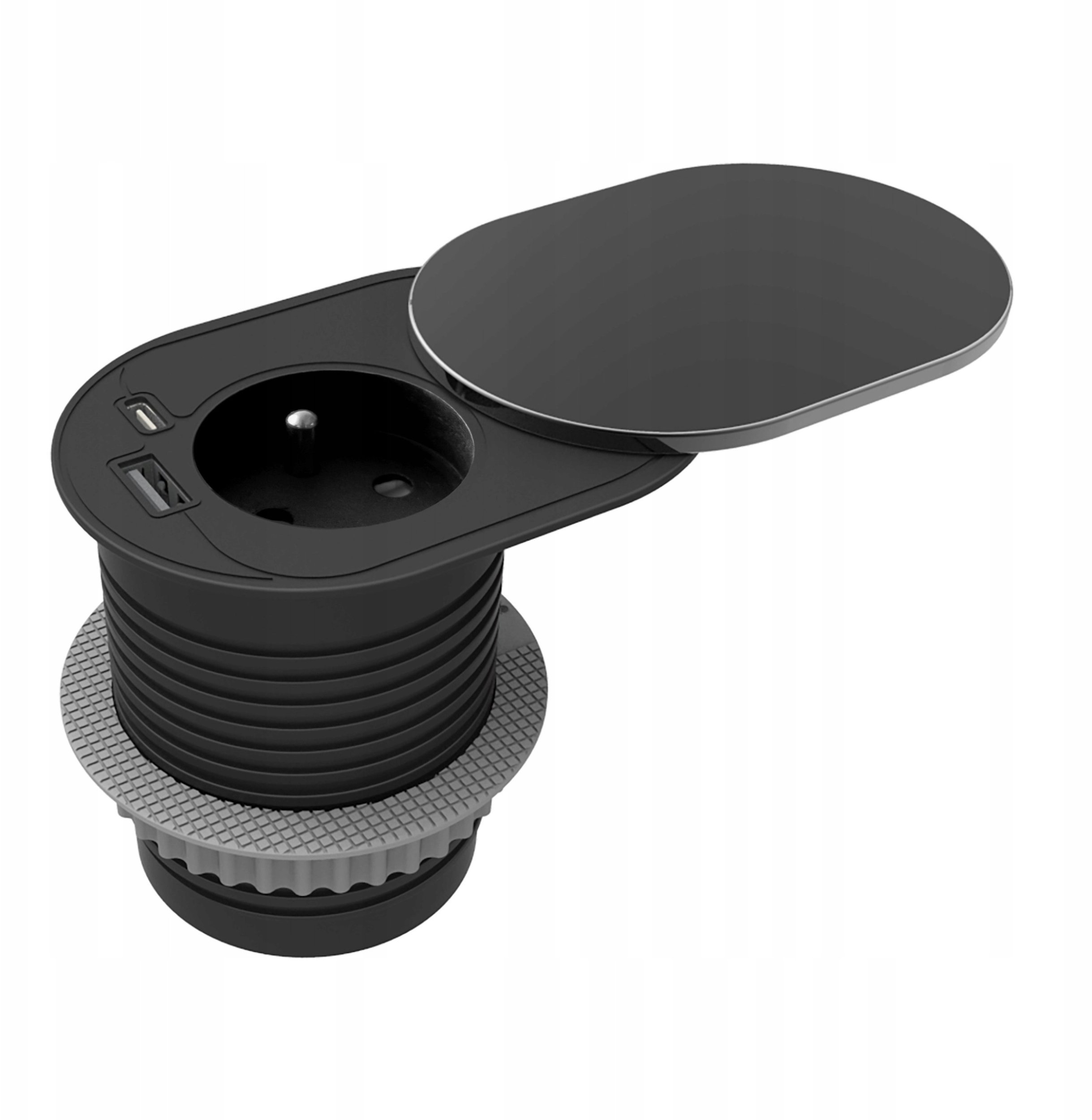 Gniazdo meblowe ?6cm, wpuszczane w blat z przesuwną pokrywką, ładowarką USB i przewodem 1,9m, 1x2P+Z French, 1xUSB typ A+C; PD20W, czarne