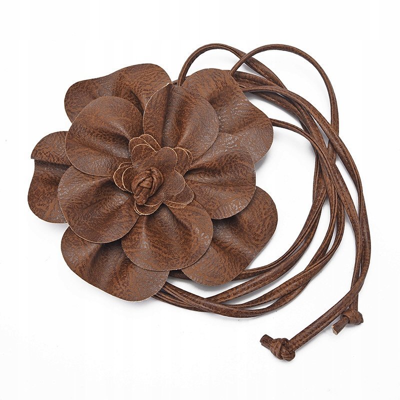 PASEK brązowy skórzany z kwiatem WIĄZANY efektowny DODATEK elegancki