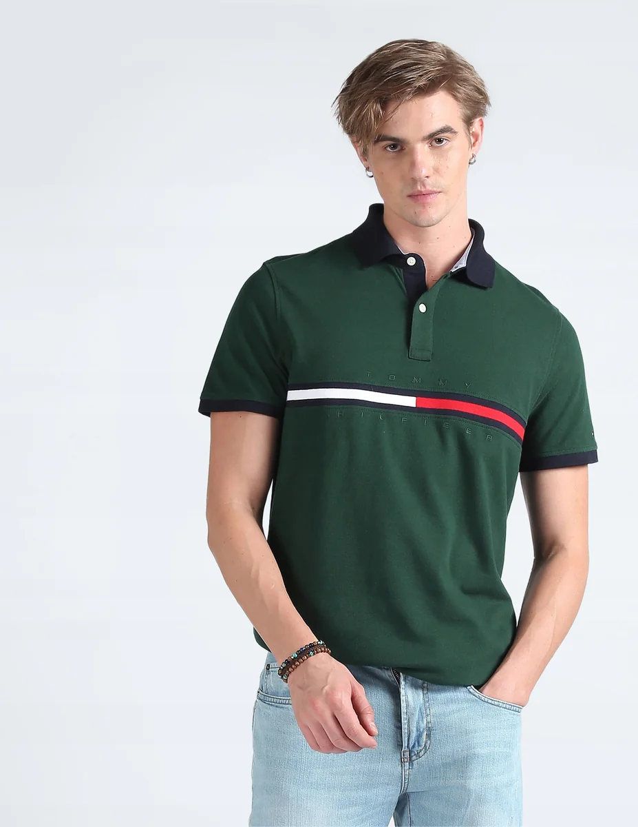 Tommy Hilfiger Stripe Chest zielona koszulka polo męska z logo rozmiar M