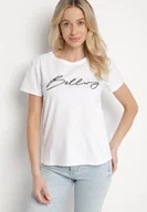 Koszulki i topy damskie - Biały Bawełniany T-shirt z Ozdobnym Napisem Virretis - miniaturka - grafika 1