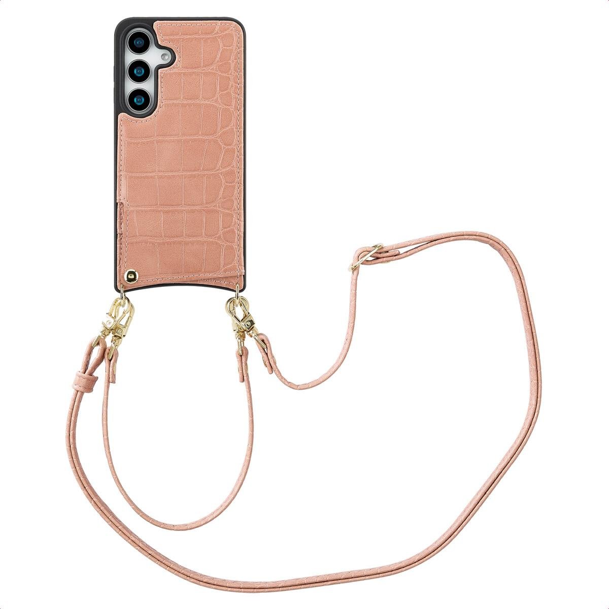 Etui na telefon Selencia Nova Croco ze sznurkiem i uchwytem na kartę do Samsung Galaxy S25 - stary różowy