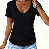 Bluzki damskie - TEMU Damska Letnia Rozciągliwa Casual Bluzka z Marszczeniami i Dekoltem w Serek z Krótkim Rękawem - miniaturka - grafika 1