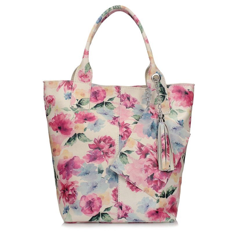 Toscanio 1101 KWIAT F301 torebka damska skórzana beżowa w kolorowe kwiaty