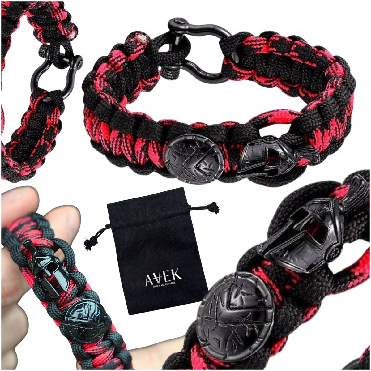 BRANSOLETKA MĘSKA PARACORD SPARTANIN TARCZA CZARNA SURVIVAL CZERWONA HEŁM / AVEK