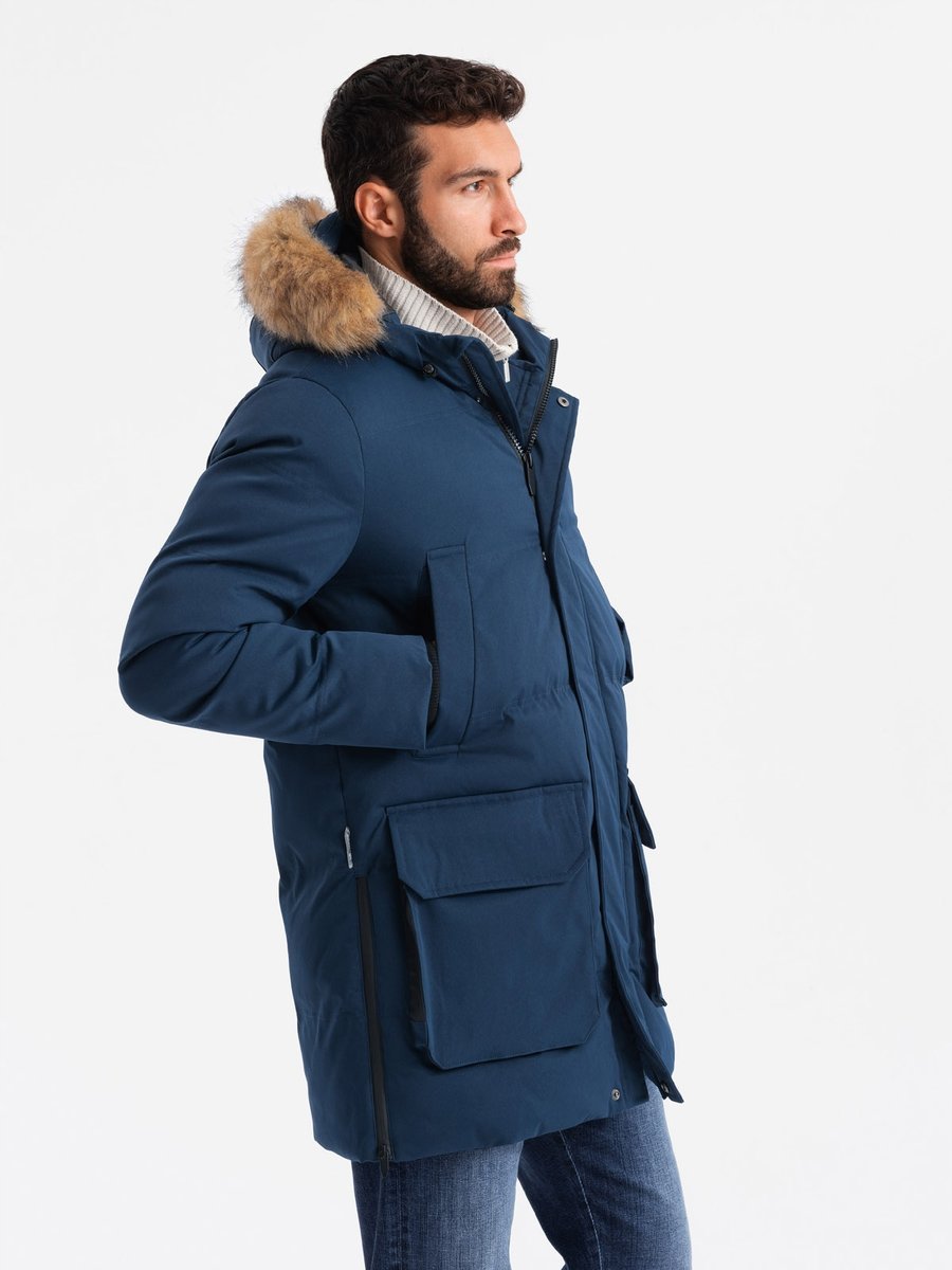 Długa ocieplana męska kurtka parka granatowa V5 OM-JALJ-0184 S