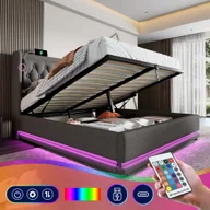 Łóżka - Łóżko tapicerowane Flieks 140x200cm z USB i Type-C, podwójne łóżko młodzieżowe z LED, hydrauliczne łóżko sprężynowe z listwowym stelażem, bawełna, szary - miniaturka - grafika 1