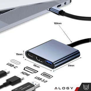 Adapter przejściówka HUB 3w1 USB-C na HDMI USB-A USB-C 4K 60Hz Alogy szary - Kable - miniaturka - grafika 9
