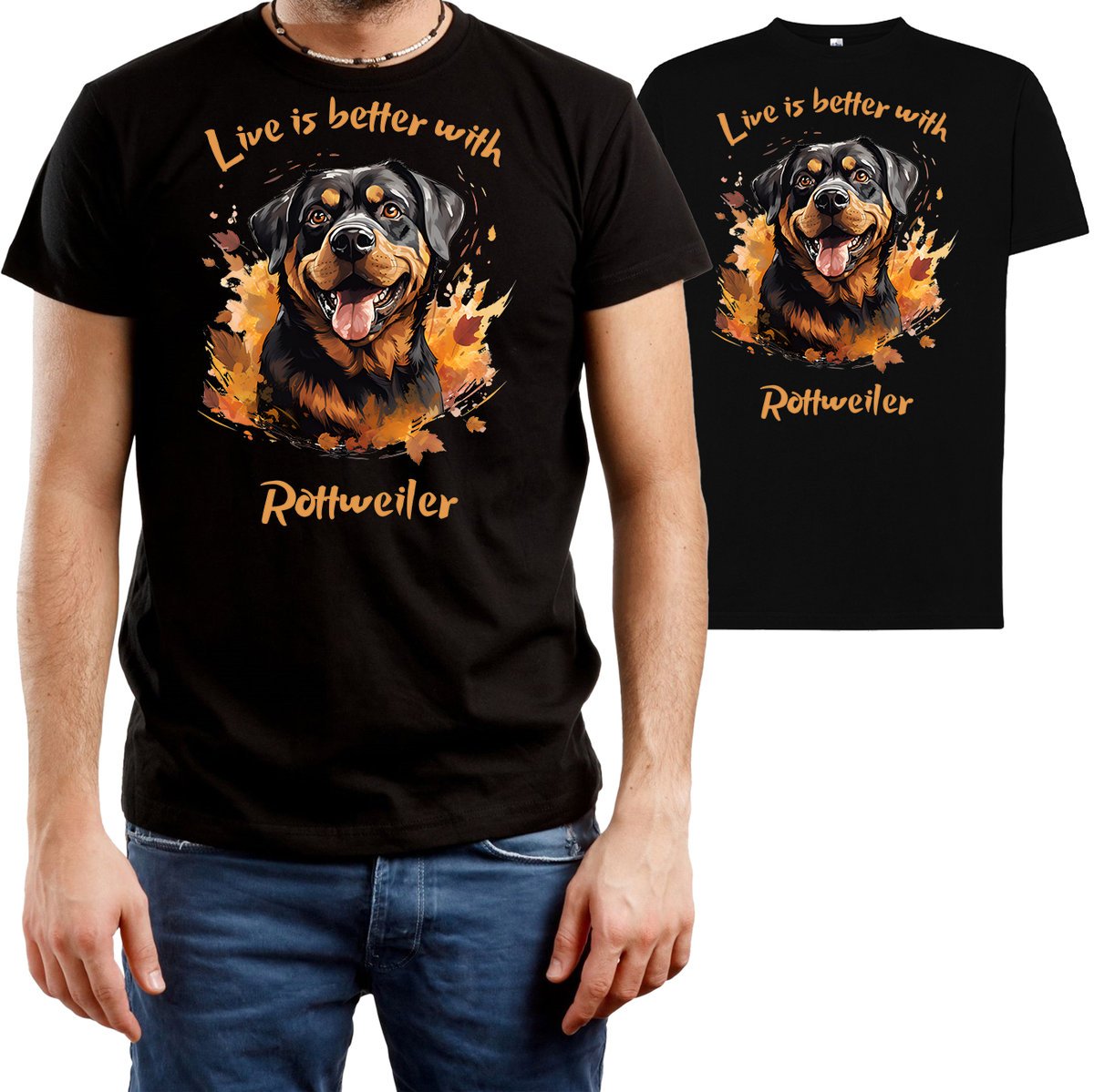 T-Shirt Męski Z Nadrukiem Rottweiler Psy Prezent Koszulka Czarna R-Xxl A146