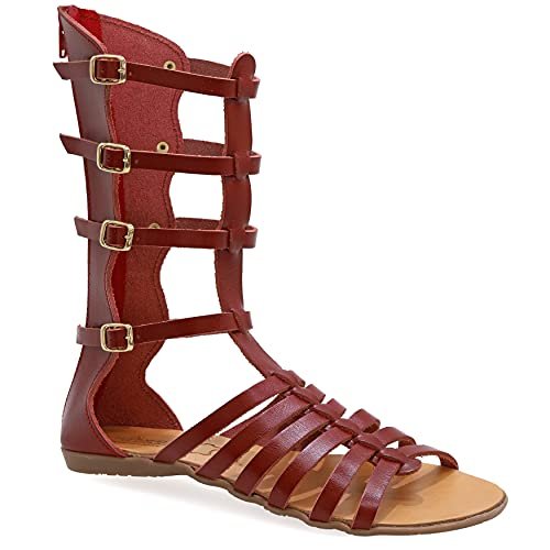 Czerwony, 36, Emmanuela Antique Greka Ręka Handmade Gladiator Skórzane sandały, łydki wysokie sandały z zamkiem błyskawicznym w trzonie, pasek płaskie letnie buty dla kobiet