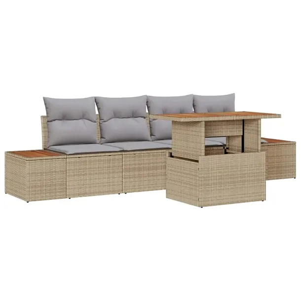 Zestaw Ogrodowych Sof Modułowych z Stolikiem, Beżowo-Jasnoszary, Rattan