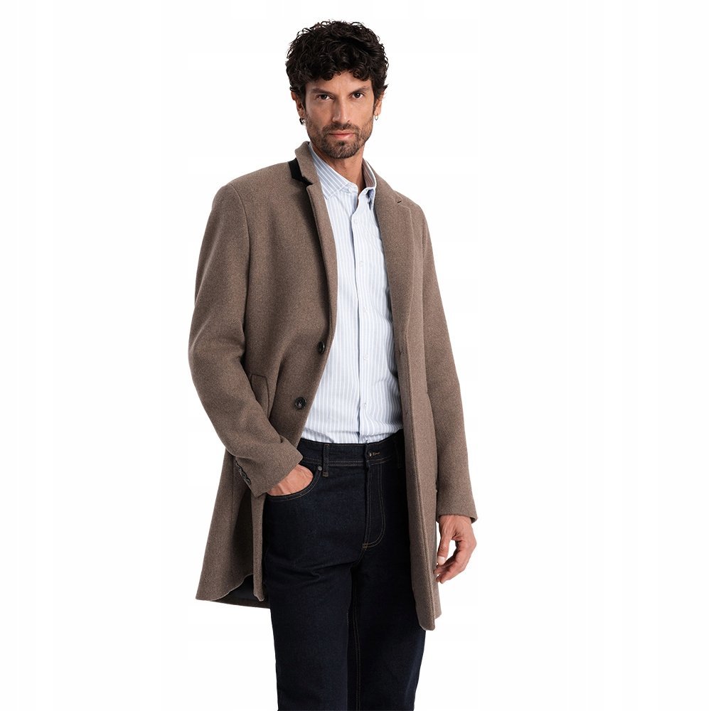 Elegancki jednorzędowy męski płaszcz wełna brązowy V1 OM-COWC-0114 XL