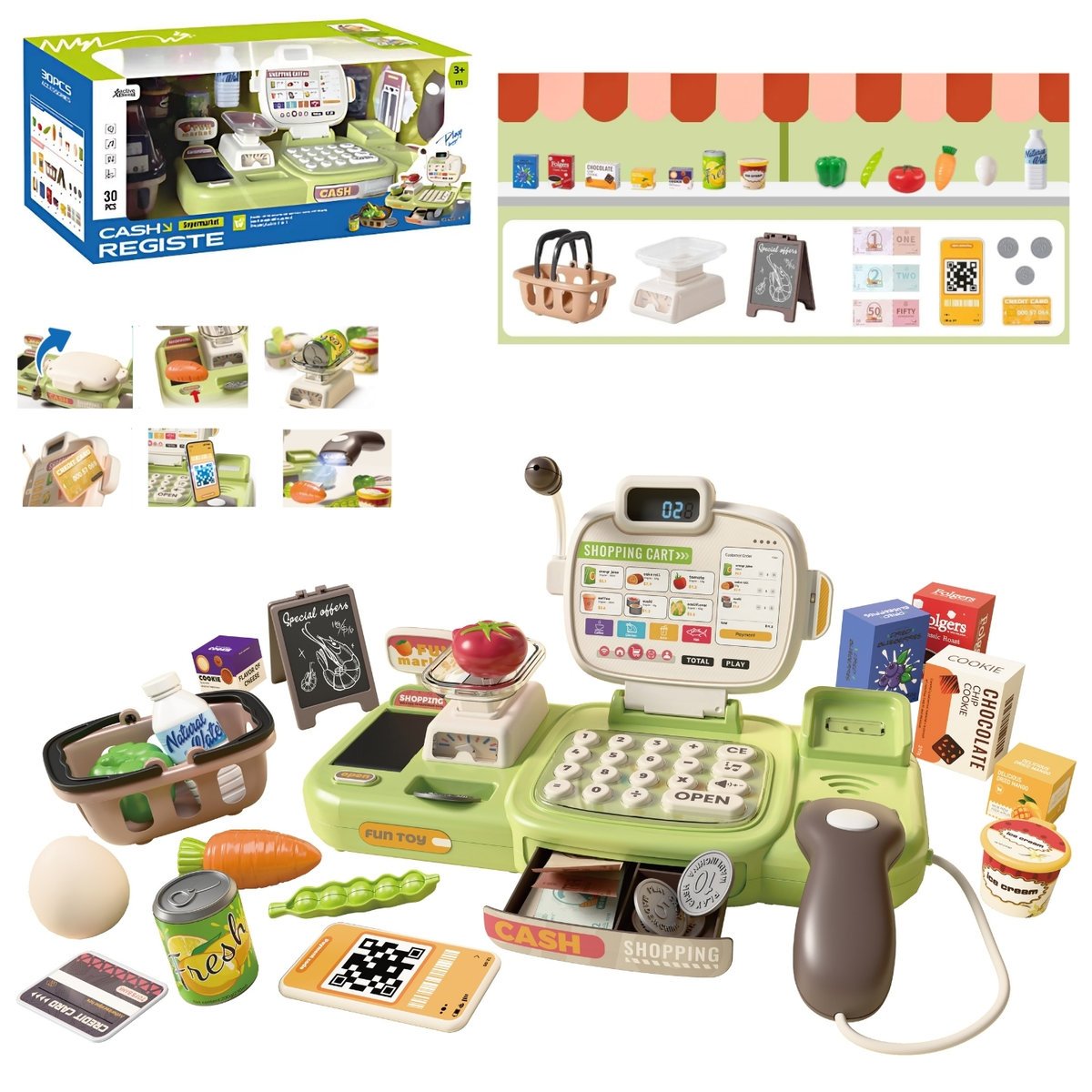 Kasa Fiskalna Edukacyjna Sklepowa dla Dzieci Waga Skaner Mikrofon +30el