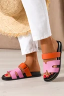 Klapki i japonki damskie - Różowe klapki damskie na czarnej podeszwie geometryczne wycięcia pomarańczowy pasek na rzep Casu 3565-5 - miniaturka - grafika 1