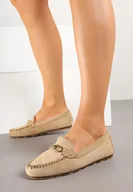 Mokasyny damskie - Ciemnobeżowe Mokasyny z Imitacji Zamszu Zdobione Metaliczną Aplikacją Soltewi - miniaturka - grafika 1