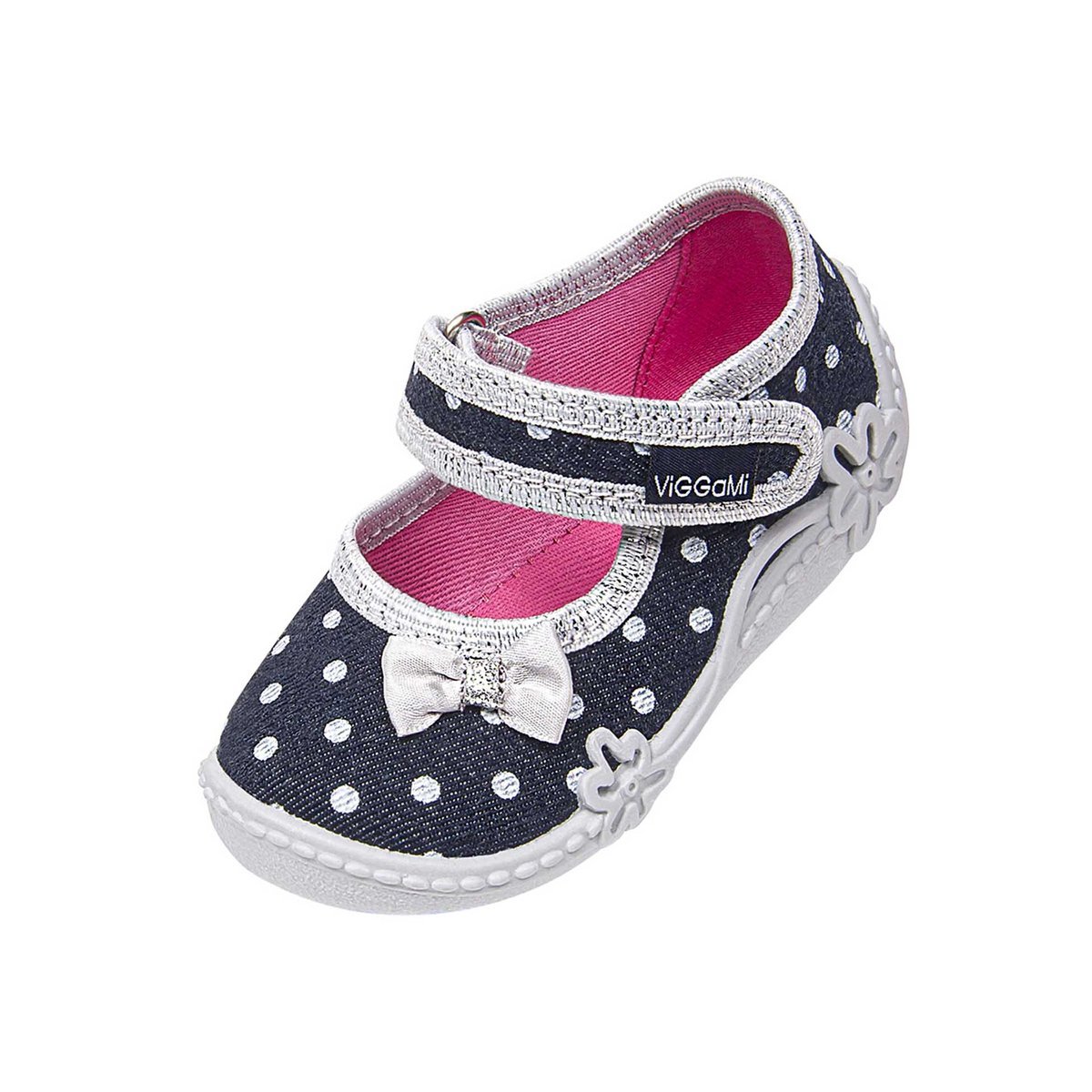 Dziewczęce kapcie w groszki z kokardką 3D jeansowe