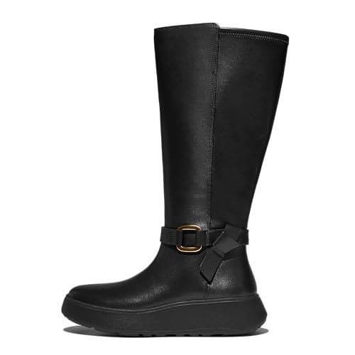 Fitflop Damskie F-Mode Kwadratowe Pierścienie Skórzane Płaskie Wysokie Kozaki Do Kolan, Czarne, 7 UK, Czarny, 41 EU