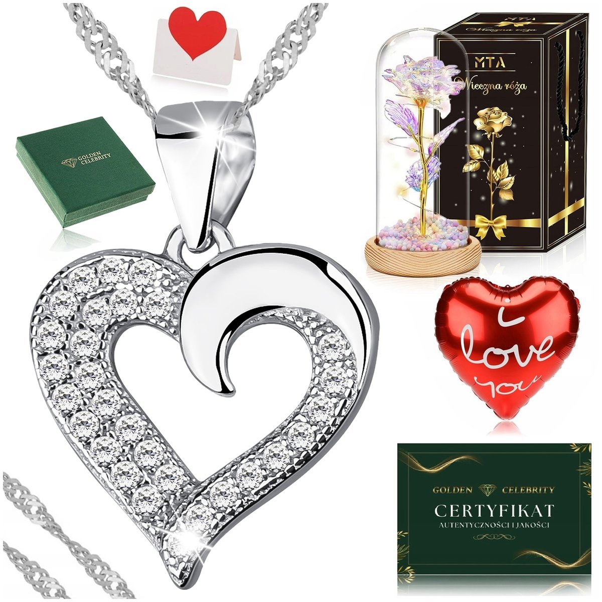 PIĘKNY SREBRNY NASZYJNIK Z SERCEM 925+RÓŻA WIECZNA PREZENT DLA PRZYJACIÓŁKI