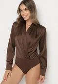 Body - Brązowe Satynowe Body z Kopertowym Dekoltem Violila - miniaturka - grafika 1