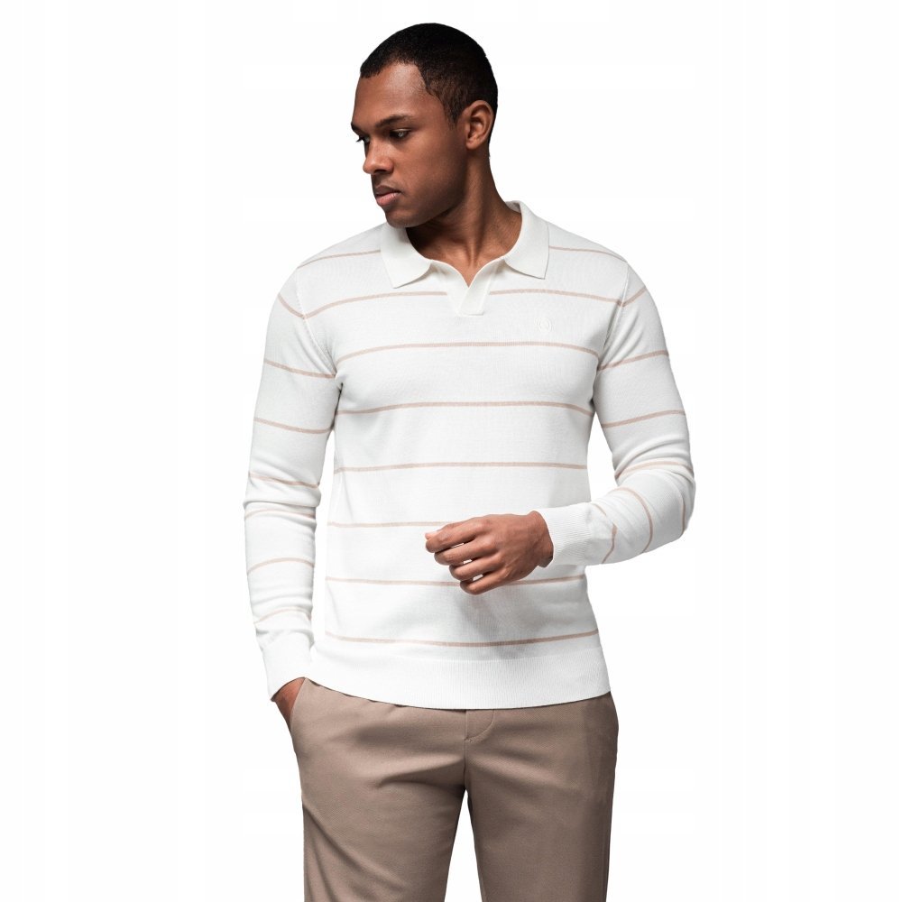 Longsleeve polo męski w paski z wiskozą biało-beżowy OM-POLS-0146 V4 r. L