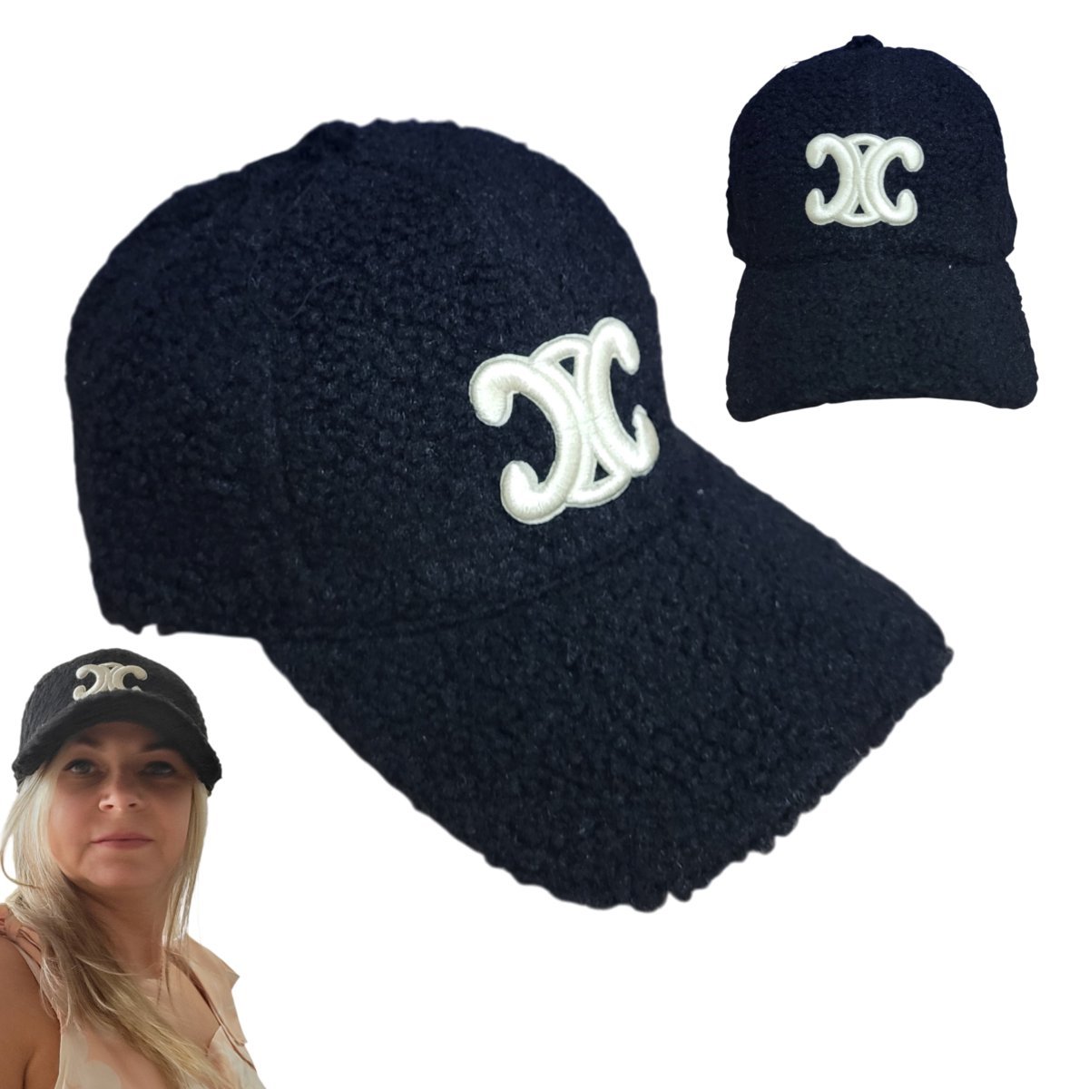 Czapka Z Daszkiem Wełniana Baranek MODNY DODTAEK LOGO CIEPŁA STYLOWA CZARNA