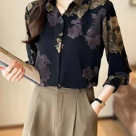 Koszule damskie - TEMU Bluzka Damska Vintage z Kwiatowym Nadrukiem - Luźny Krój, Kołnierzyk na Guziki w Kolorze Czarno-Brązowym, Pranie Maszynowe, Wiosna/Jesień, - miniaturka - grafika 1