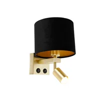 Lampy ścienne - QAZQA Kinkiet mosiężny z lampką do czytania i kloszem 18 cm czarny - Brescia - miniaturka - grafika 1