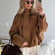 Kurtki damskie - TEMU Damska krótka kurtka bomber w stylu Y2K - Brązowa, z długim rękawem, zapinana na zamek z detalami z guzikami, plisowany dół, luźny krój, idealna - miniaturka - grafika 1
