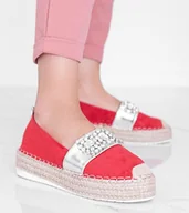 Espadryle damskie - Czerwone espadryle ozdobione kamieniami Cher-38 - miniaturka - grafika 1