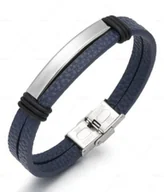 Bransolety męskie - Bransoletka męska skórzana granatowa stal srebrna 21cm - miniaturka - grafika 1