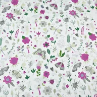 Pasmanteria - Tkanina bawełniana owady na łące fioletowo zielone na białym tle - miniaturka - grafika 1