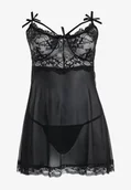 Bielizna nocna - Czarna Koszula Nocna z Paseczkami i Kokardkami Wykończona Falbanką i Stringami Sacchi - miniaturka - grafika 1