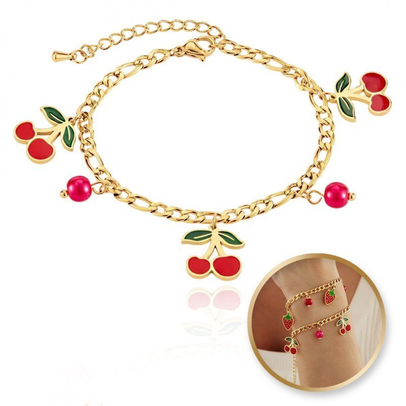 Bransoletka Na Rękę Stal Chirurgiczna Pozłacana 14K Złotem, Wisienki Czerwone Bst1520