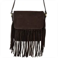 Torebki damskie - Vera Pelle włoska listonoszka z frędzlami skóra naturalna zamszowa i licowa czekolada - miniaturka - grafika 1